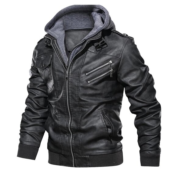 Hood Crew Men’s Unisex Casual Faux Leather Zip-Up Motorcycle Bomber Jacket - XL - Picture 2 of 16